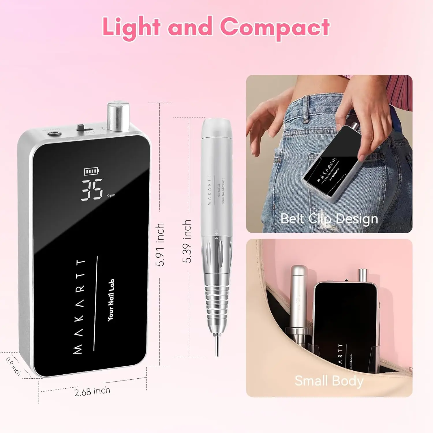 مثقاب أظافر كهربائي من Makartt - إيفيلي قابل لإعادة الشحن بقدرة 35000 دورة في الدقيقة مع محرك بدون قلب، ماكينة تعبئة أظافر محمولة من Nouvella لجل الأظافر
