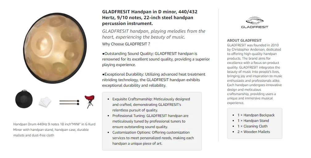 GLADFRESIT Handpan Drum 9 Notes, 18 Inches, In G Minor, Golden