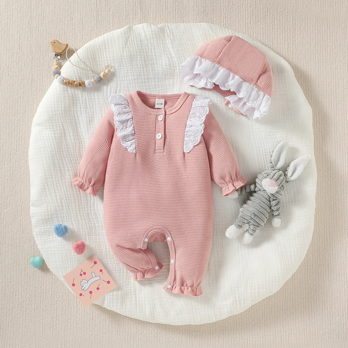 

2PCS 2024 Baby girl Long Sleeve autumn loveliness pink Daily Wear jumpsuits For Newborn-6M Clothes +Hat
