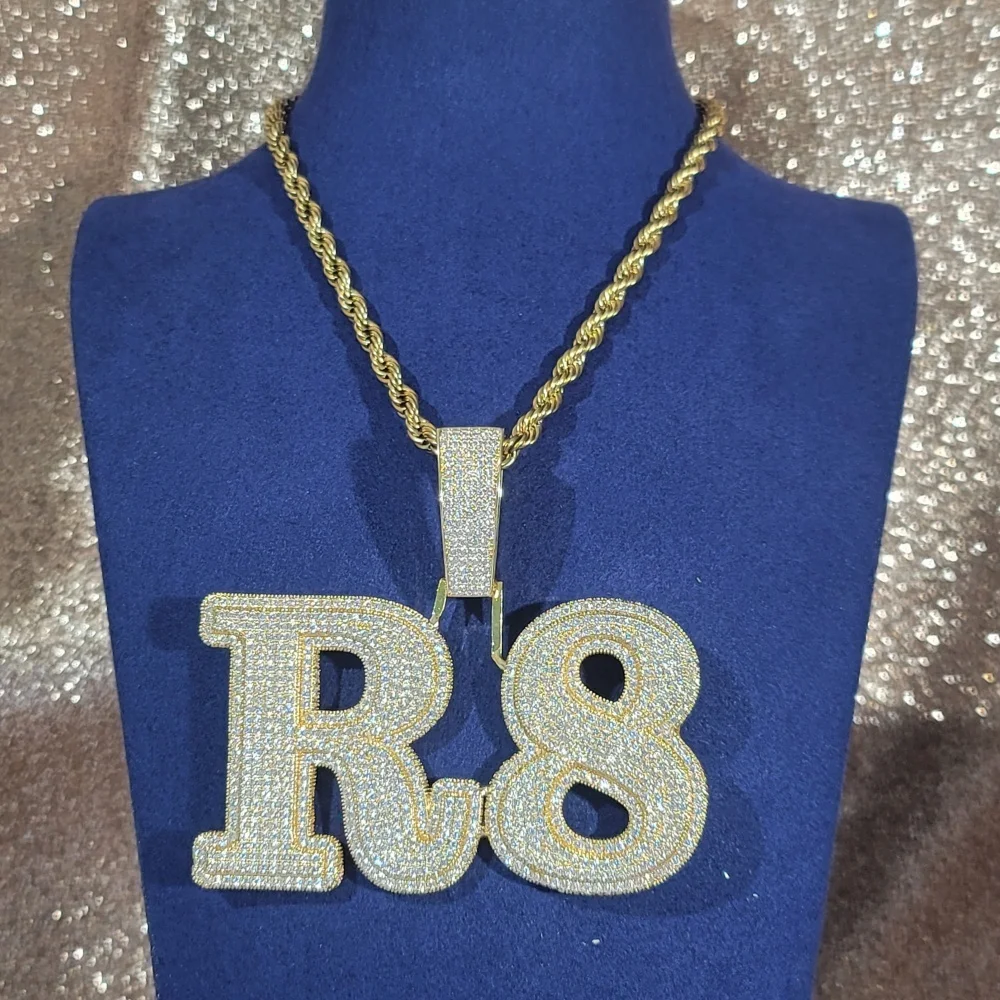 Custom Two-Color Big Letter&Numbers Covered CZ Pendant With 13MM Cuban Chain Iced Out Necklace Jewelry For Him Birthday Gifts