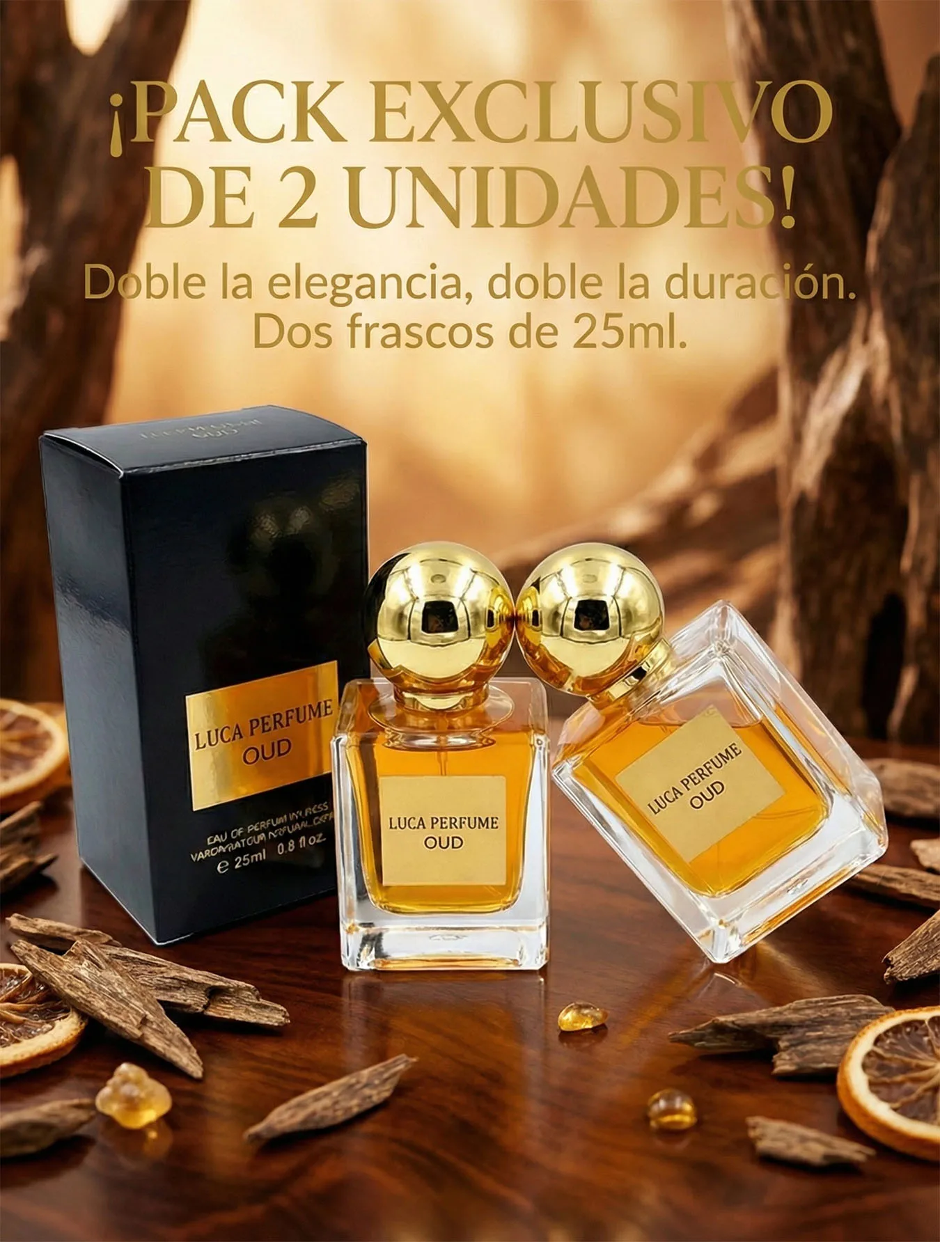 2 Botellas LUCA PERFUME OUD EDP Intense 25ml x2 Fragancia Amaderada Oriental con Oud Pachulí y Especias, Pack Doble Tamaño Viaje 0.8 fl oz Ideal para Noche Eventos y Regalo Masculino