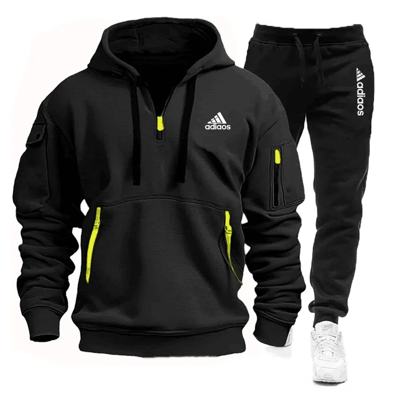 Men's Multi Pocket Zipper Sportswear And Pants Set, Casual Sportswear, Running Suit, Spring And Autumn Hooded Two-Piece Set2024