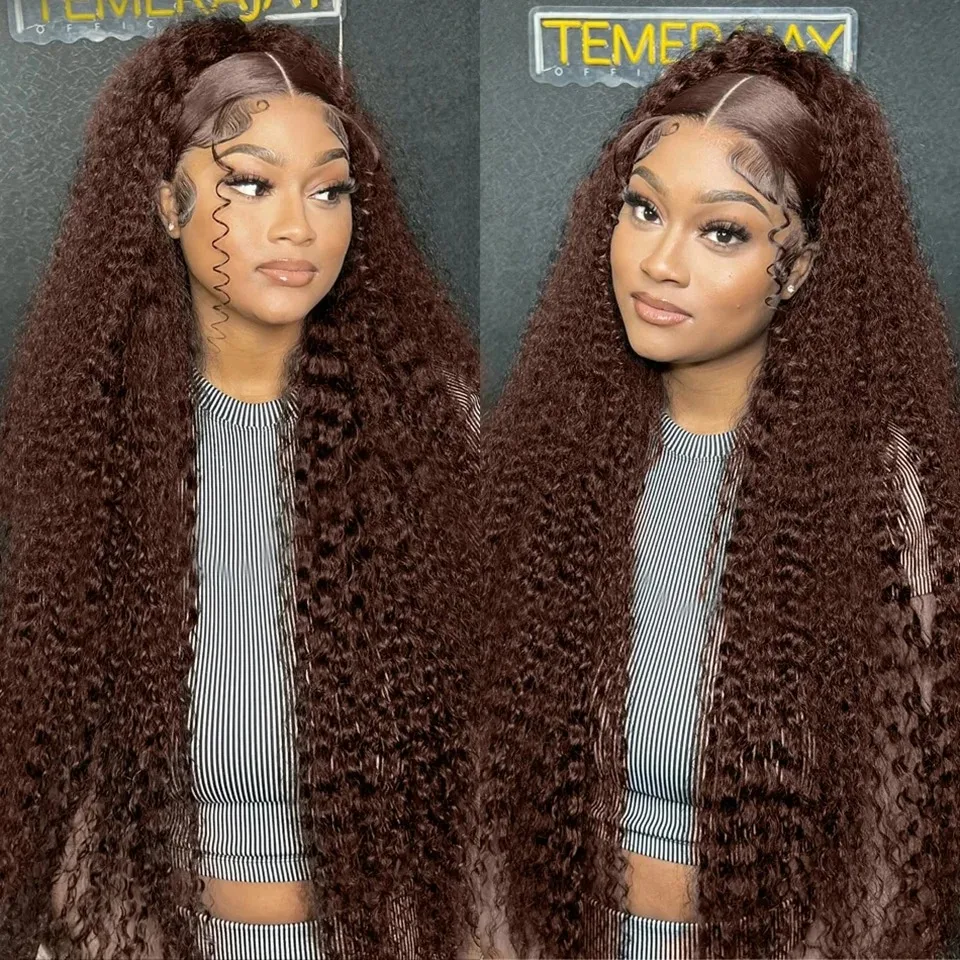 13x7 Chocolate Brown Curly 220% Human Hair Wigs Lace Front Deep Wave 30 Inch Transparent Lace Frontal Wig Brazilian For Women