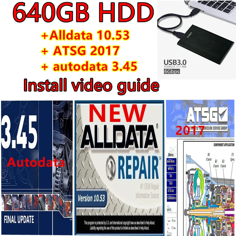 Newest version alldata software alldata 10.53 Auto Repair software alldata Repair software+ autodata 3.45 +atsg 2017 in 640GB HD