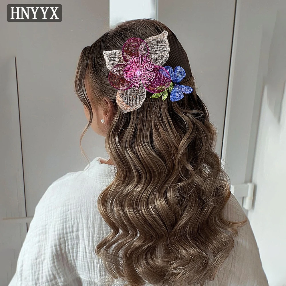 Hnyyx Schattig Meisje Mesh Bloem Vorm Hoofd Stuk Handgemaakt Kristal Buigbare Zijclip Prinses Mode Haaraccessoires Headress A191