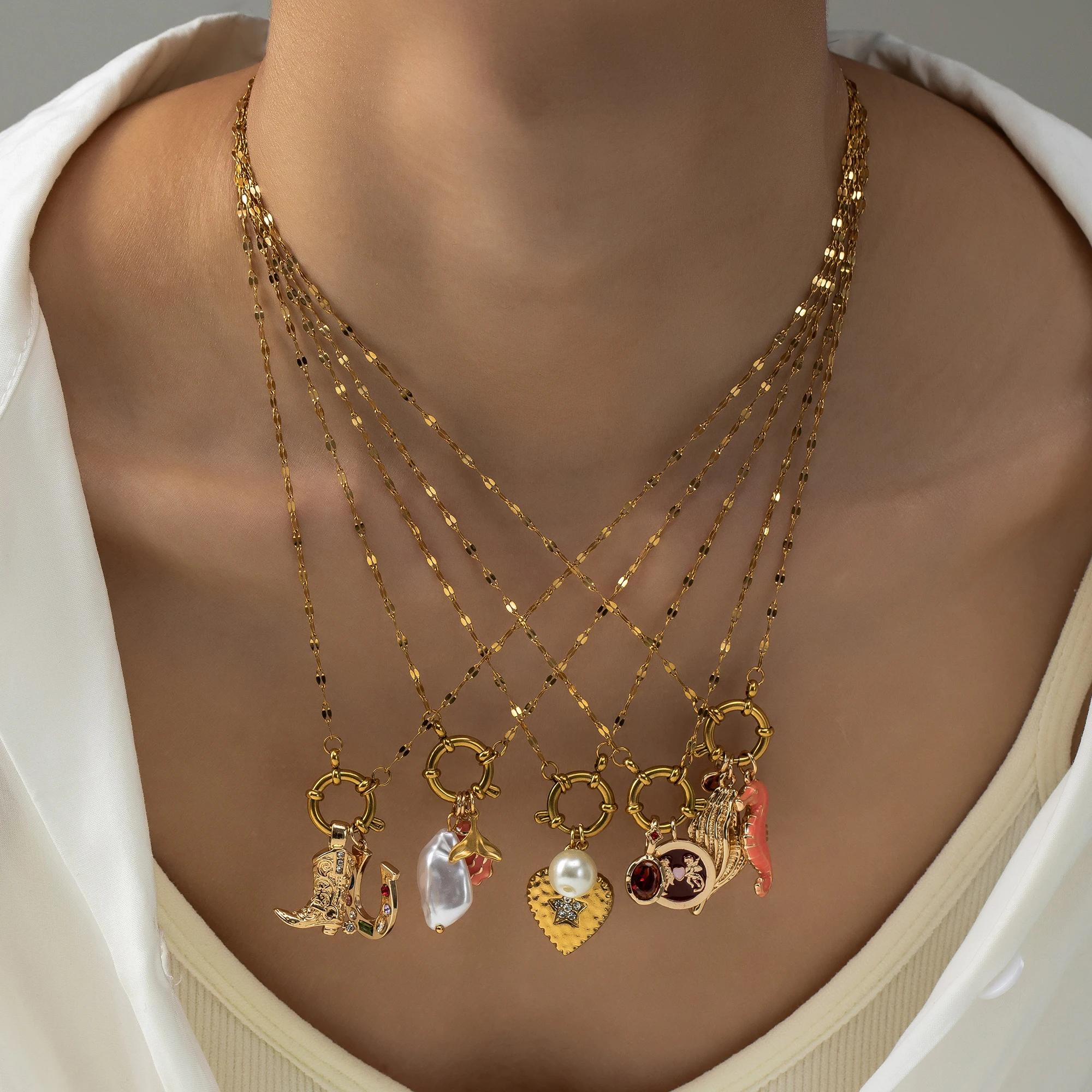 

Gold Layered Necklace for Women, Pearl Heart Seahorse Shell Charms, Ocean Inspired Pendant Jewelry