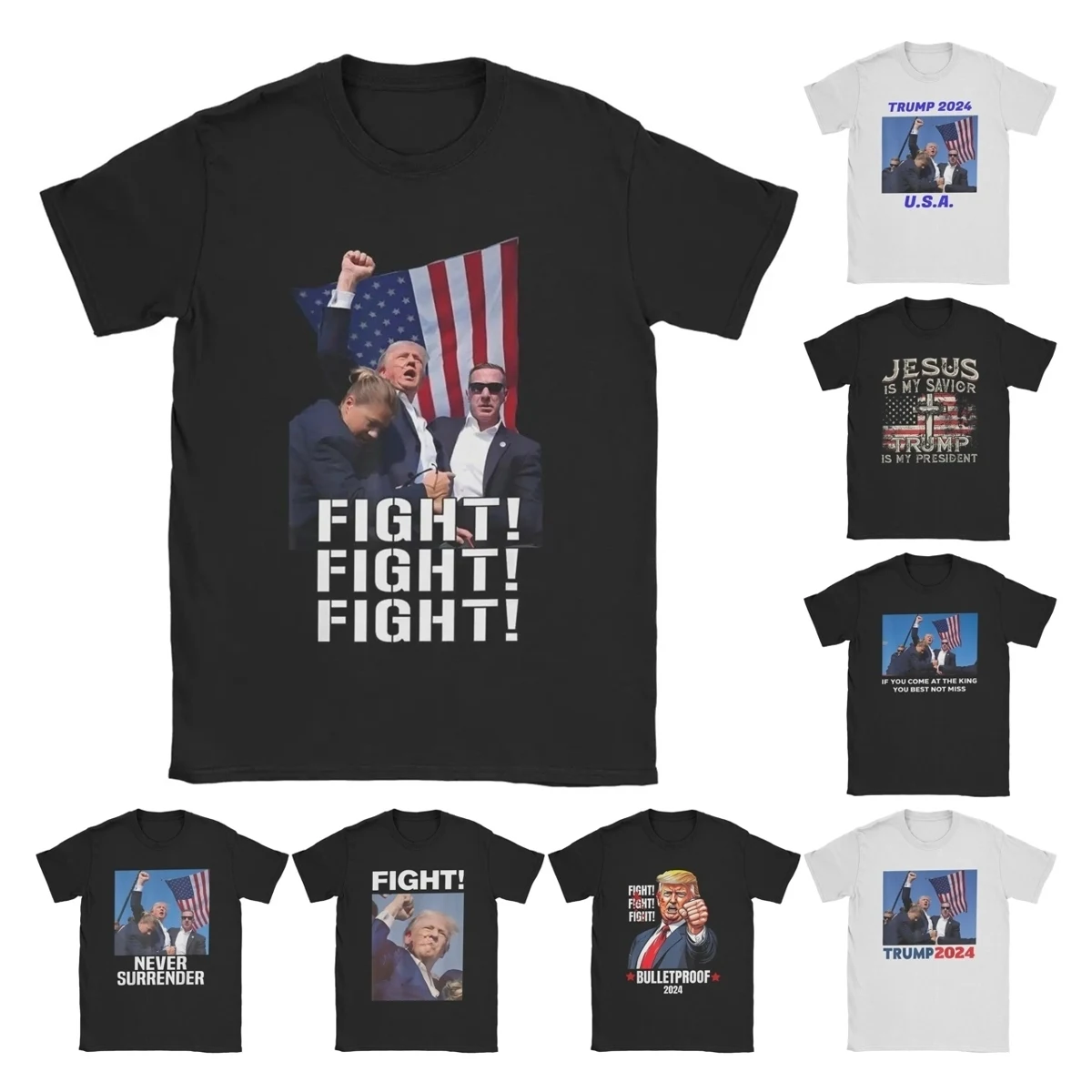 Trump Fist Pumped Fight Pray America Men's T Shirts 2024 Fight Funny Tee Shirt Short Sleeve Crewneck T-Shirts Cotton 4XL 5XL 6XL