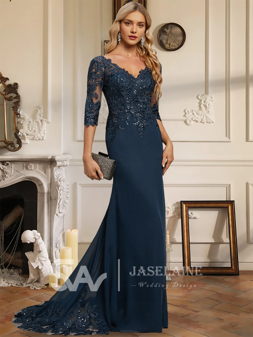 Evening Dress Women's Trumpet Mermaid V-Neck Sweep Train Chiffon Lace Gown Sequined 1/2 Sleeve Summer Formal Prom Wedding Party