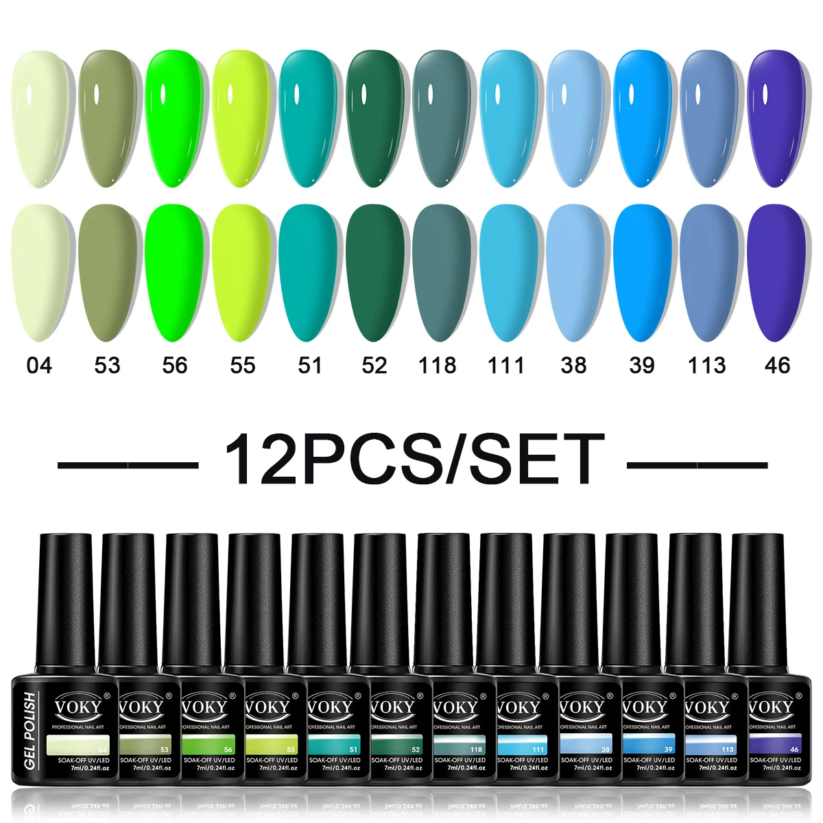 

VOKY 12PCS/SET Blue/GreenShiny gel nail polish Set, suitablefor family salon gifts, is also thebest gift for women