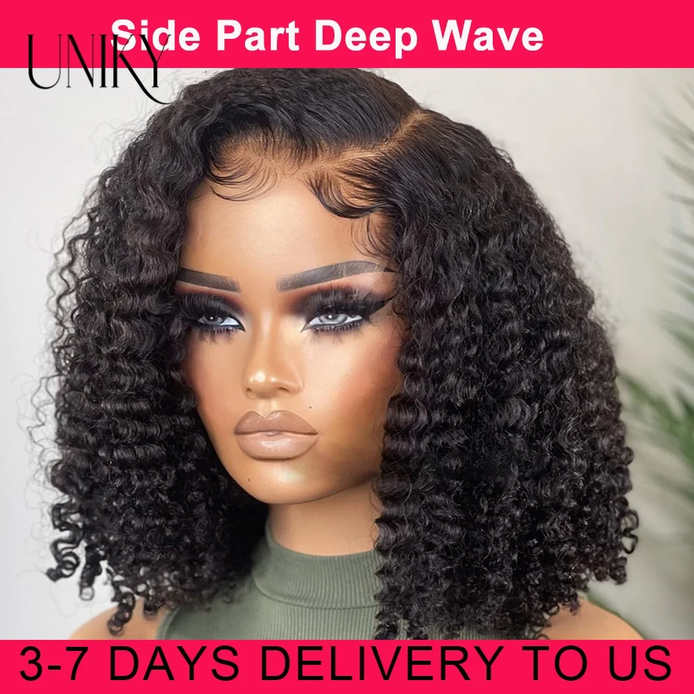 180% Density Deep Wave Bob Wig Human Hair Wig 100% Human Hair Pre Plucked Deep Curly 13x1 Lace Front Wig Short Bob Wig for Women