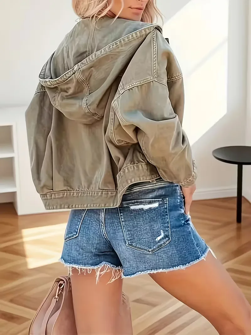 Giacca da donna con cappuccio in denim autunno/inverno - Scollo elegante, maniche lunghe, giacca con chiusura a bottone singolo