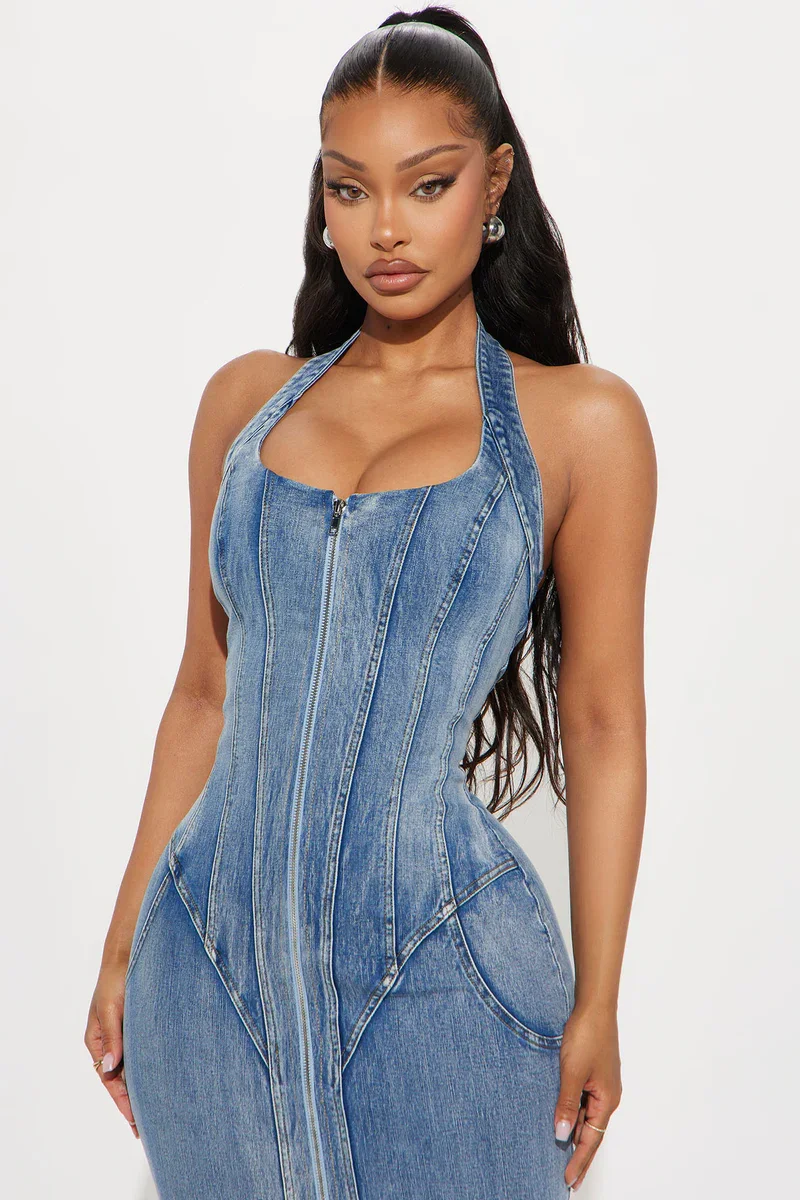 Women's Skinny Denim Vest Dress - Slim Fit Sexy Off-Shoulder Sleeveless A-Line Maxi Dress with Button Closure & Adjustable Ties