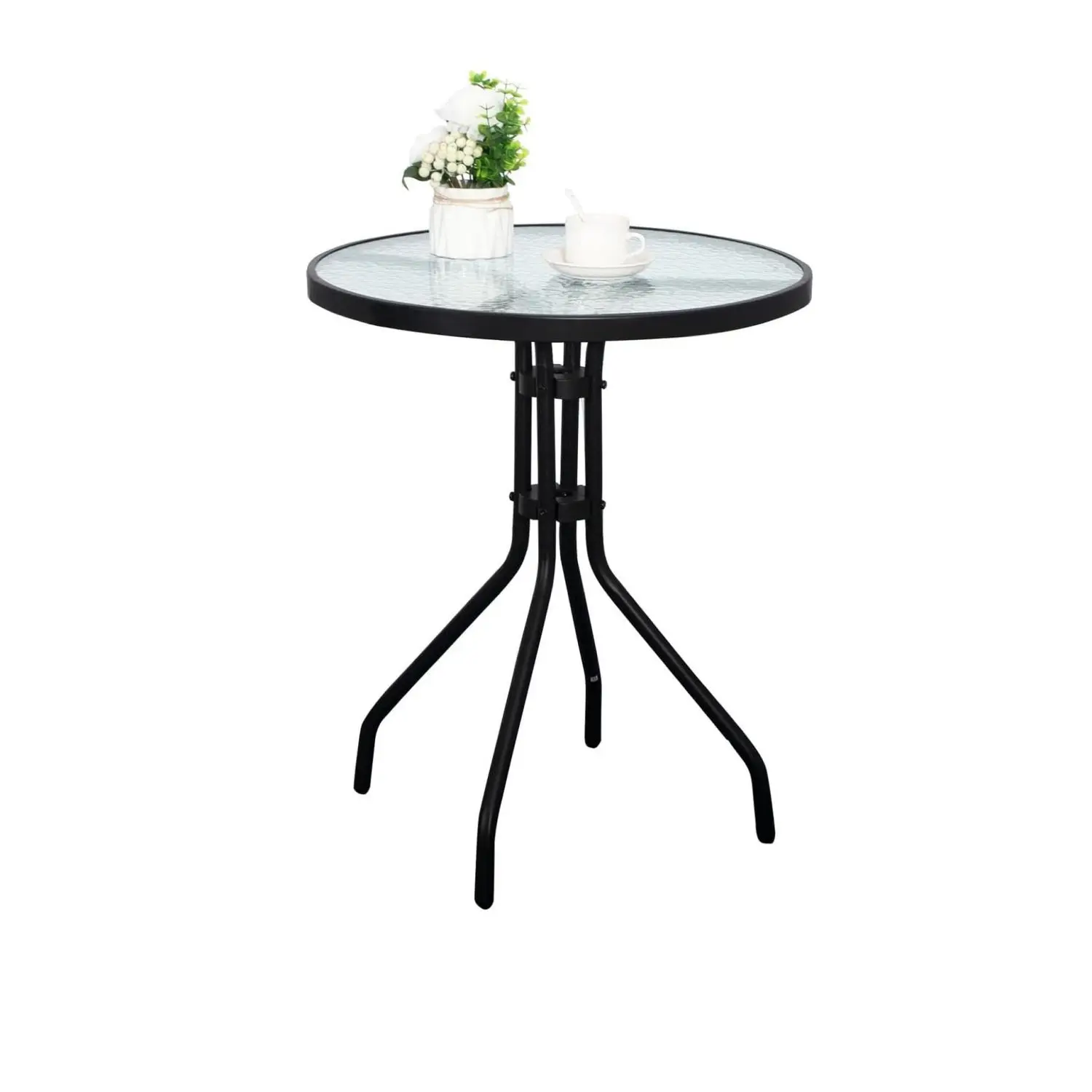 Round Glass Table : Outdoor Patio Table with Waterwave Tempered Glass Outdoor Coffee Table with Metal Frame 60 * 70cm Black