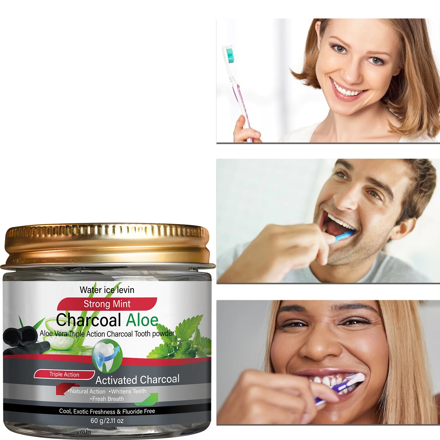 Water Ice Levin Charcoal Aloe Tooth Powder 60g Strong Mint Clean Teeth Freshen Breath Fluoride Free Daily Oral Care Powder