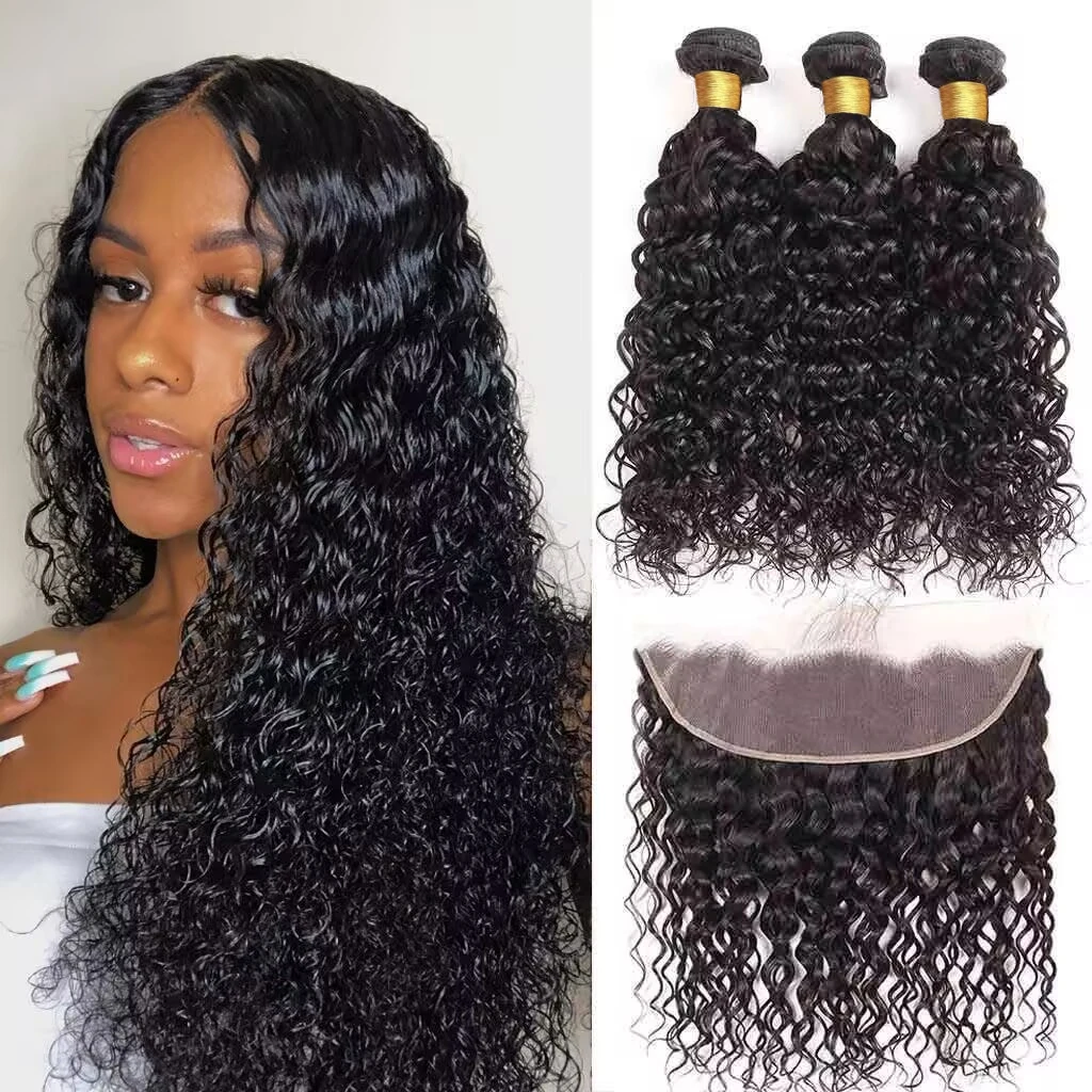 Deep Wave Brazilian Virgin Water Wave 3 Bundles With Frontal 13x4 Ear To Ear Lace Frontal Human Hair With Frontal For Women