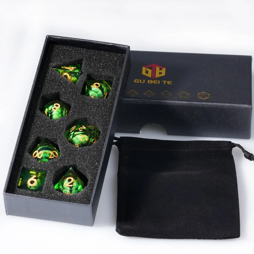 7pcs Green Liquid Core DND Dice Set Resin Dice For D&D Dice with Velvet Bag Dungeons and Dragon Game D4 D6 D8 D12 D20