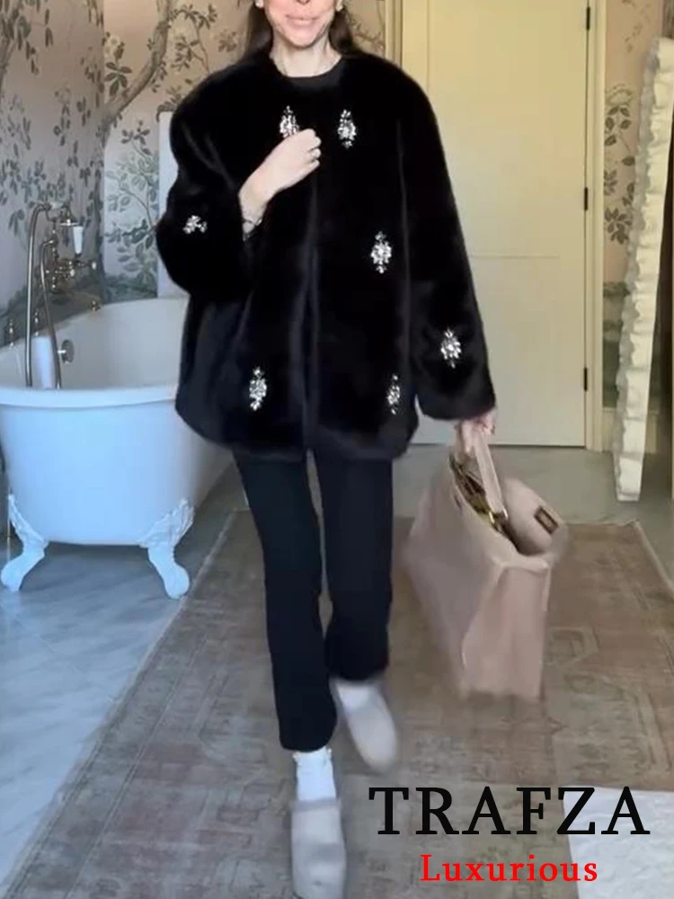 TRAFZA Vintage Casual Chic Women Coats Black Solid Beading O-Neck Covered Button Thick Tops Fashion 2025 Holiday Faux Fur Coat