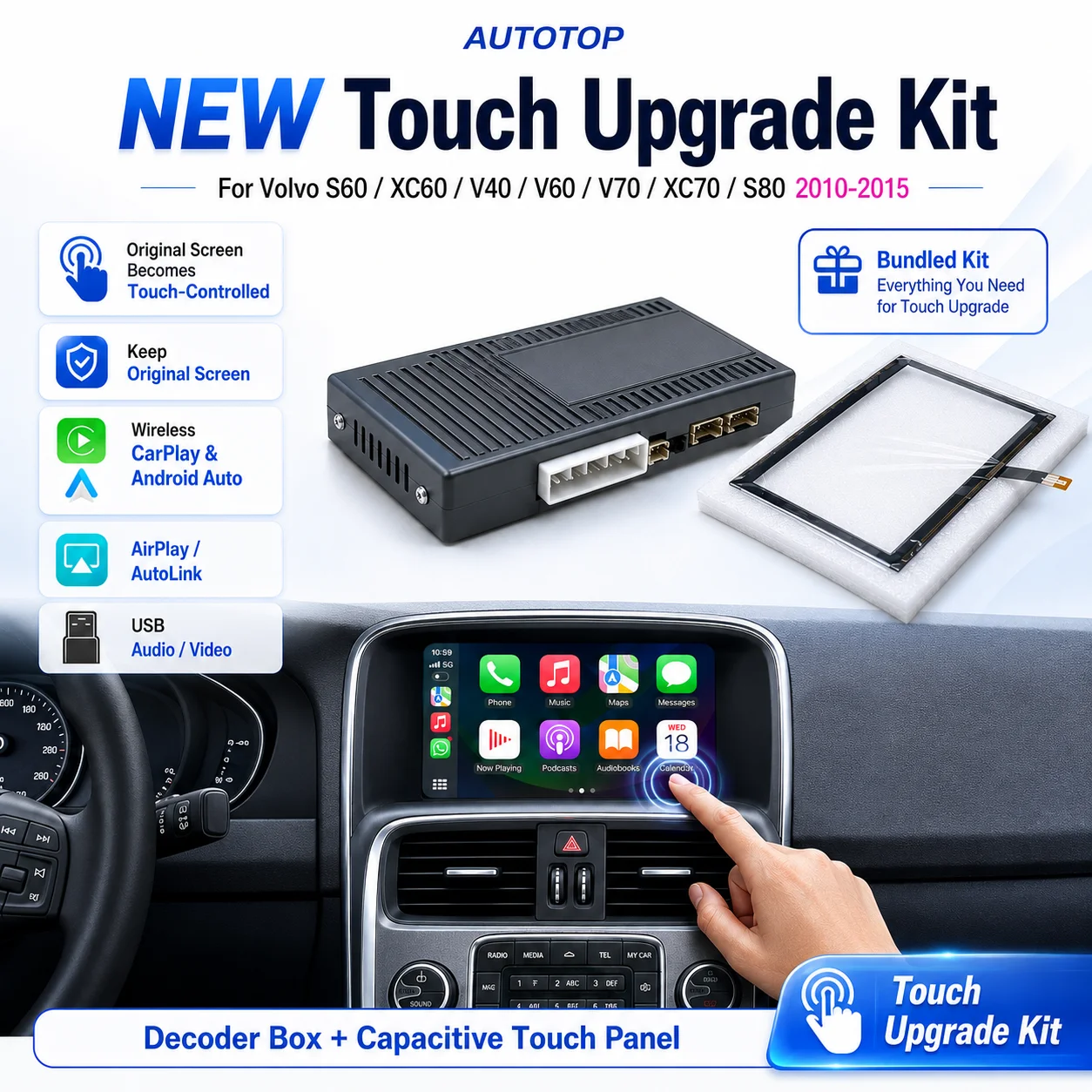 Kit di aggiornamento con pannello touch capacitivo e decoder wireless per CarPlay e Android Auto + box AUTOTOP per Volvo XC60 XC70 S60 S80 V60 V70 V40 2010-2015, interfaccia retrofit per schermo