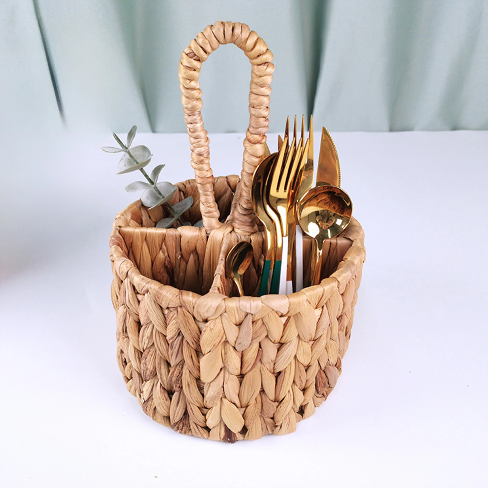 Handwoven Rattan Cutlery Storage Box Multifunctional Flatware Organizer Countertop Holder for Kitchen Dining Room Party
