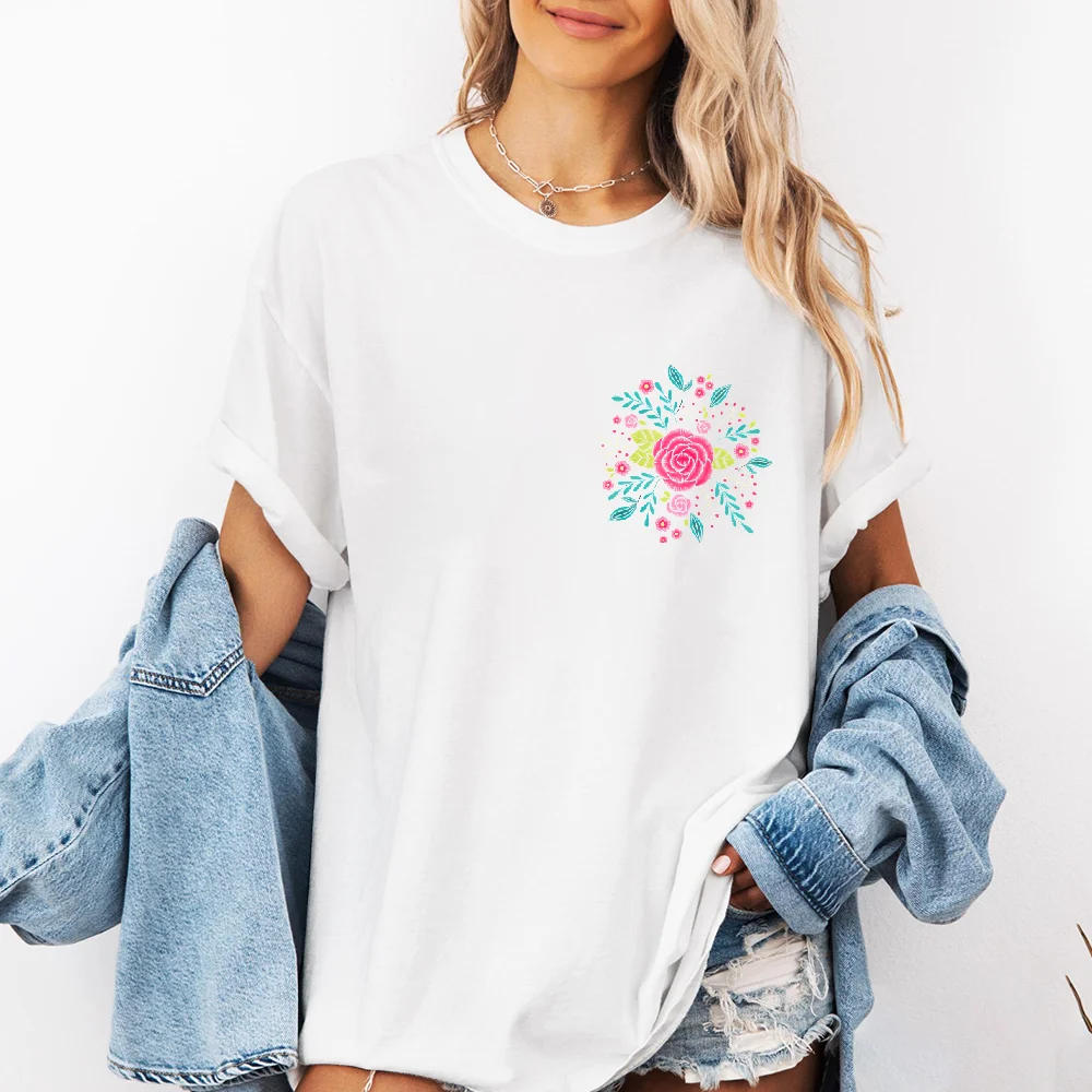 Pequena flor rosa estilo minimalista fresco desenhado à mão padrão de desenho animado impresso algodão puro manga curta dopamina verão meninas