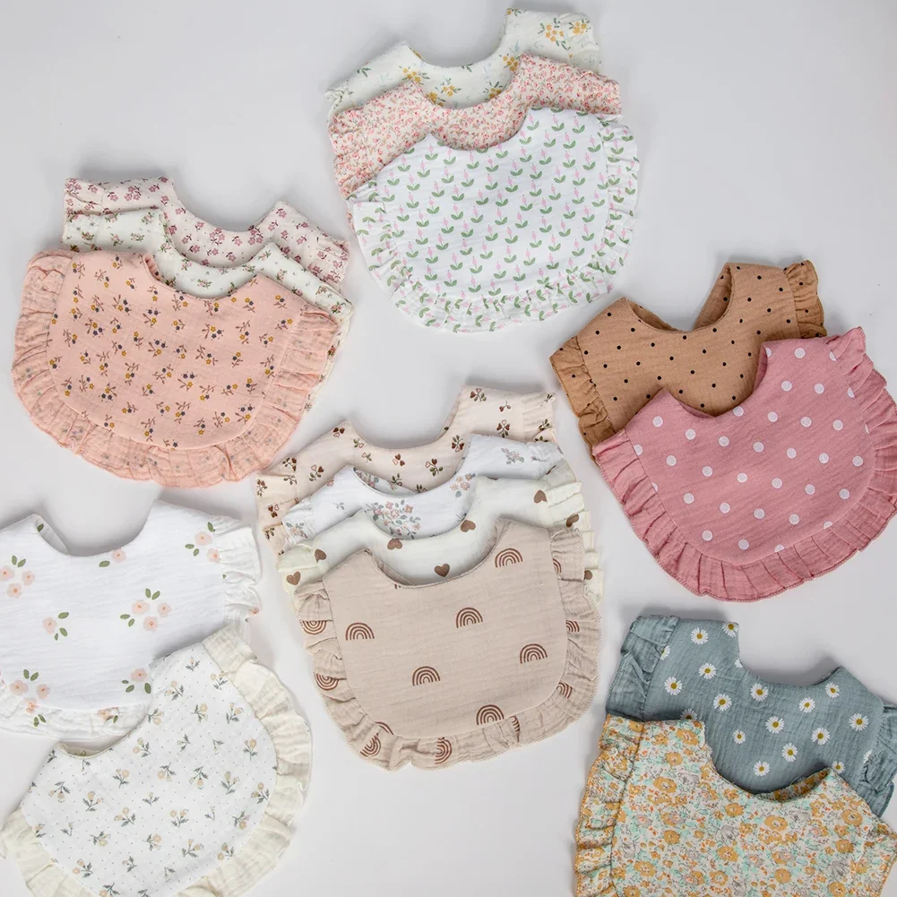 Bloemenprint Slabbetjes Verstelbare Snap Speeksel Handdoek Gegolfde Rand Mousseline Katoen Spuugdoekjes Regenboog A-klasse Meisjes Voeden Sjaal - afbeelding 2