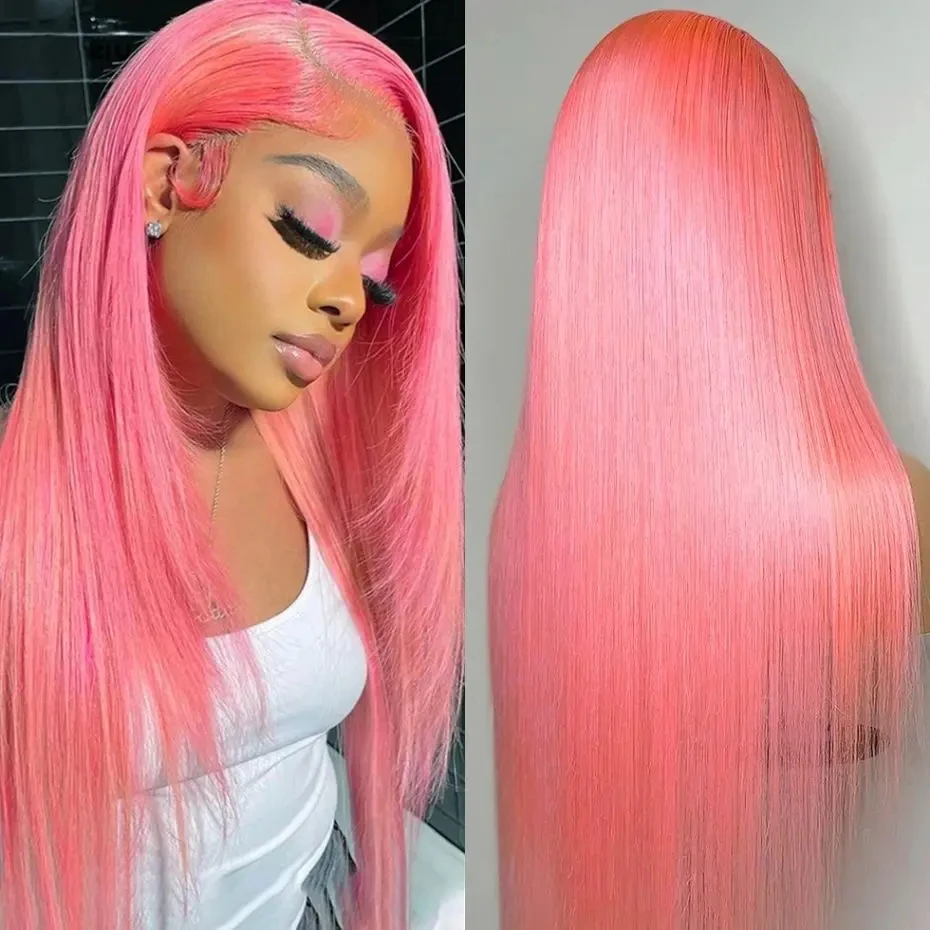 

613 Colored 13x4 13x6 Straight Pink Lace Frontal Human Hair Wig 150% Transparent Lace frontal wigs Brazilian Hair For Women