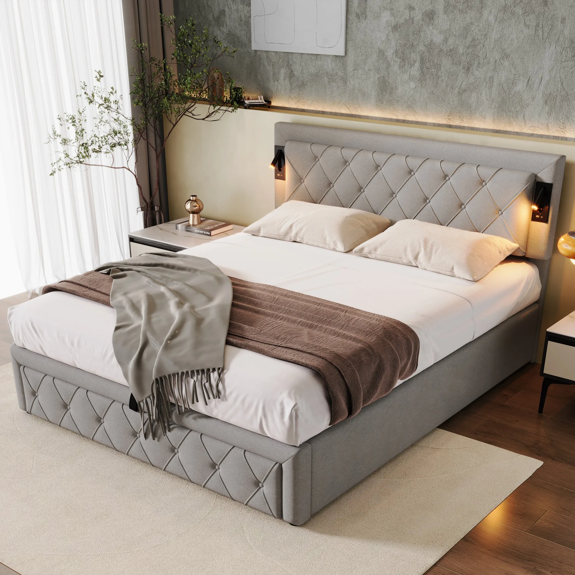 Lit 160x200 cm gris, lit double avec housse en lin, lit de rangement avec vérin hydraulique, tête de lit avec éclairage intégré et USB, sommier à lattes en bois pour la chambre