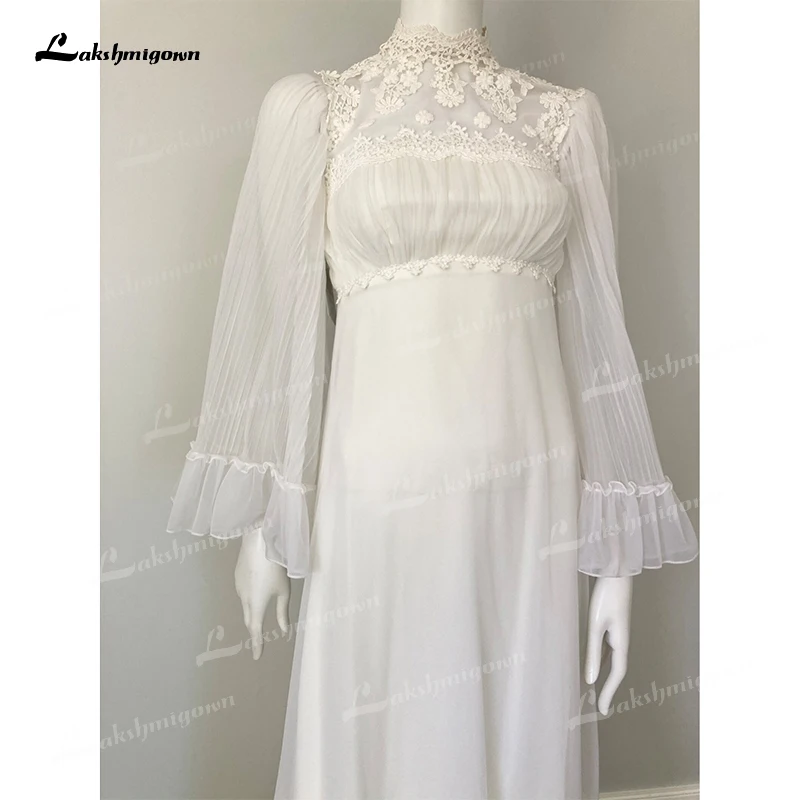 Boho gola alta completa manga alargamento do laço apliques a linha vestidos de casamento rede vestidos de noiva varrer zíper piso robe de mariée