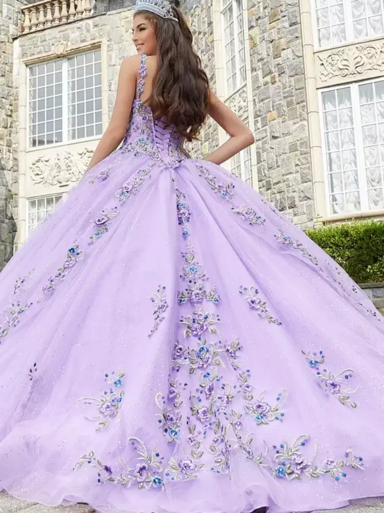 Vestido de baile com aplique de renda e camadas frisadas, vestidos baratos Quinceanera, querida, Sweet 16 vestidos, Novo, 2023