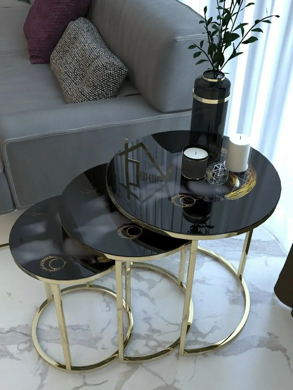 Decorative Gold Nesting Table Set of 3 Unbreakable Tempered Glass Luxury Marble Design 3Pcs Coffee Table for Living Room 3Pcs