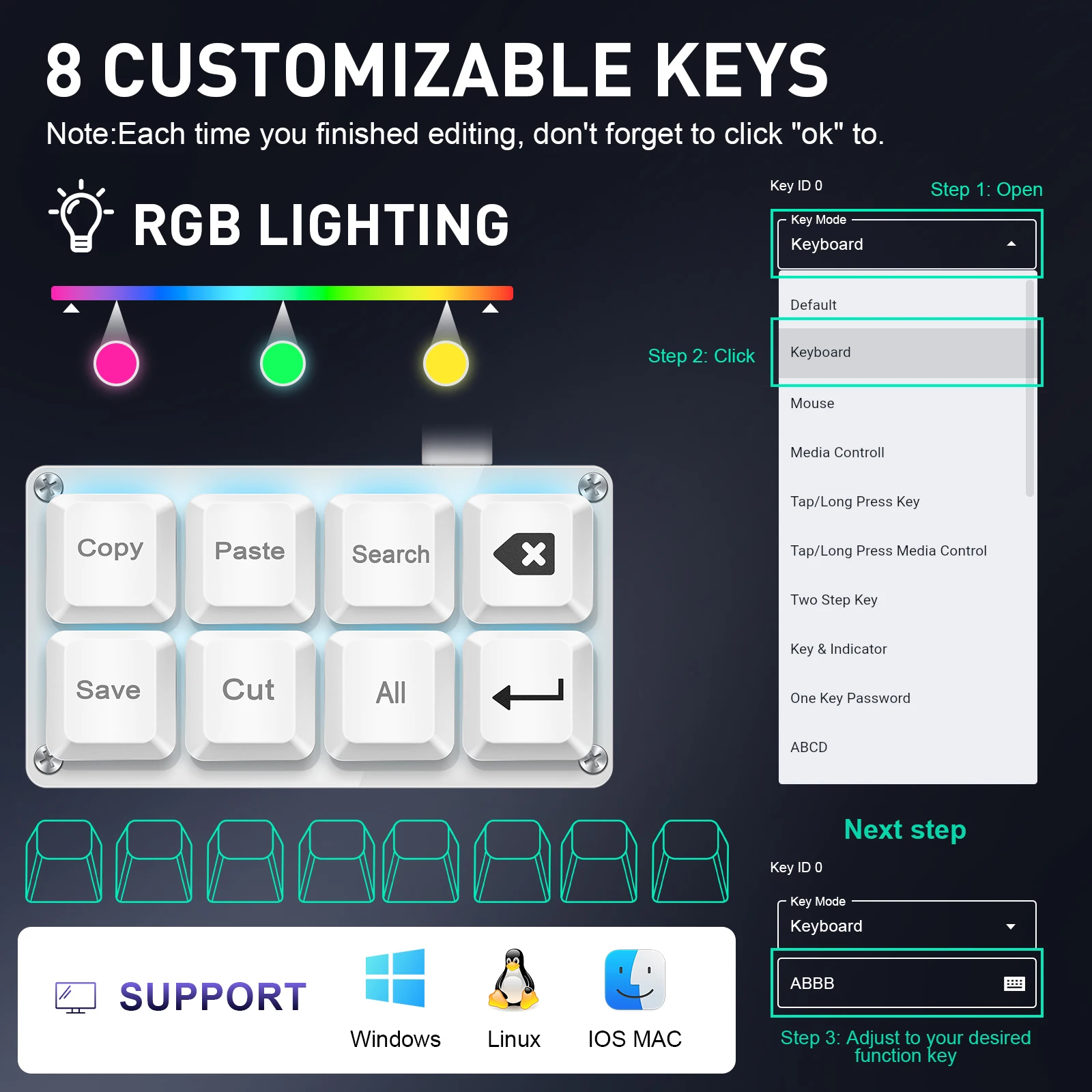 SAYODEVICE 8 Klawiszy Mini Klawiatura Skrótów Klawiszowych do Pracy w Biurze Makro Klawiatura do Gier Rhythm OSU Klawiatura Gamingowa USB Przewodowa z Możliwością Wymiany Przełączników Podczas Użytkowania — zdjęcie produktu 2