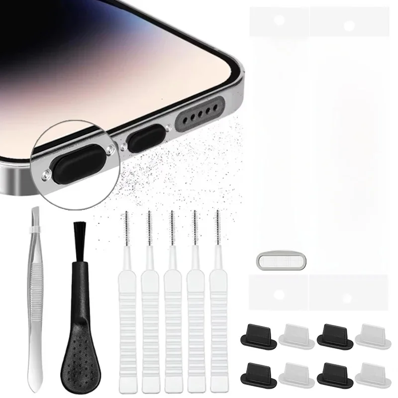 Port ładowania Głośnik telefonu Pyłoszczelna naklejka z siatki do iPhone'a 16 15 14 13 12 Pro Max Plus Samsung Xiaomi IOS Zestaw czyszczący typu C — zdjęcie 2