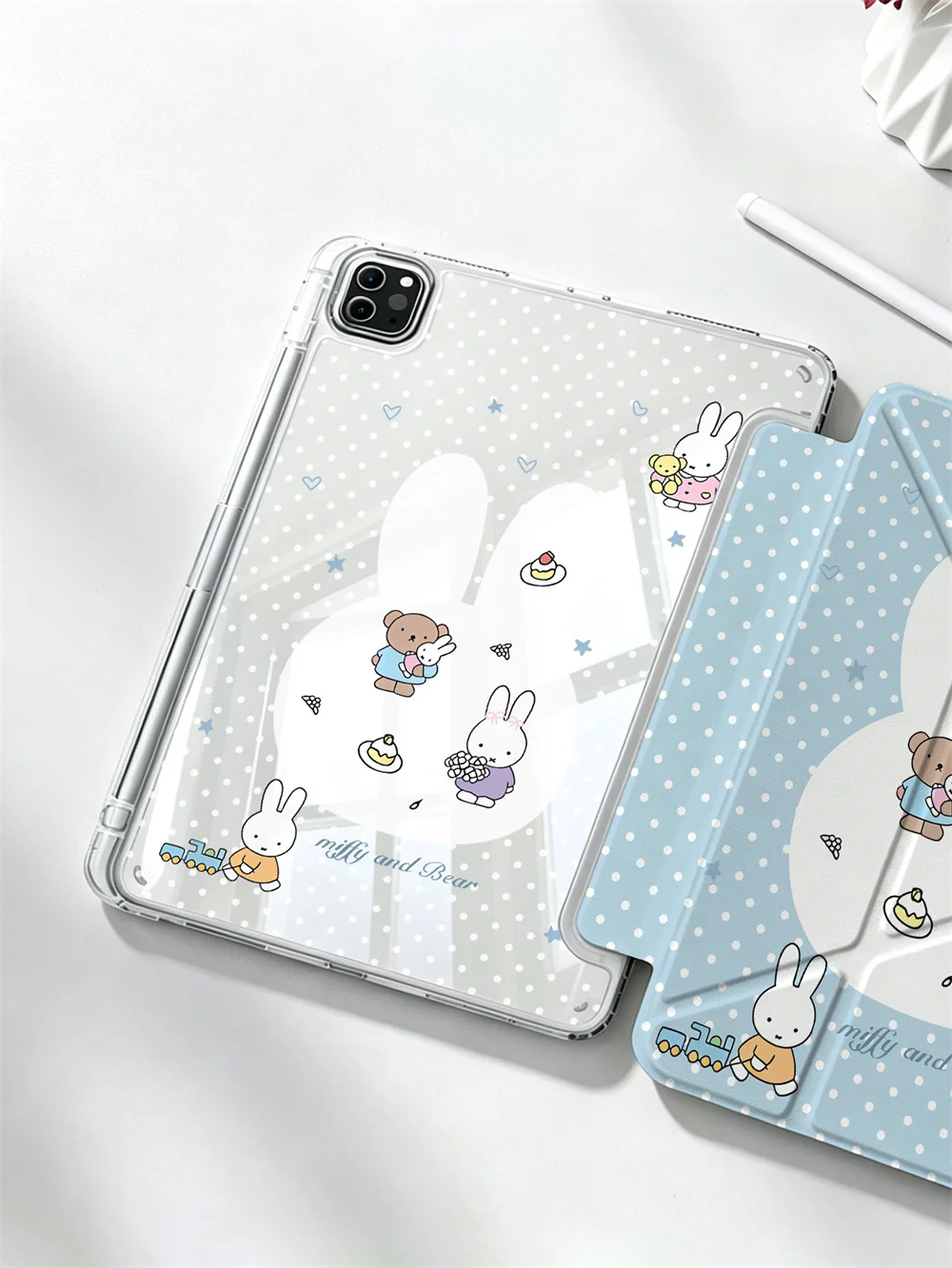 Kawaii Miffy Dot Print Crystal Clear Y-fold Double-sided Print Case For iPad Pro 11 Air4 Air5 10 Gen With Pencil Slot Shockproof
