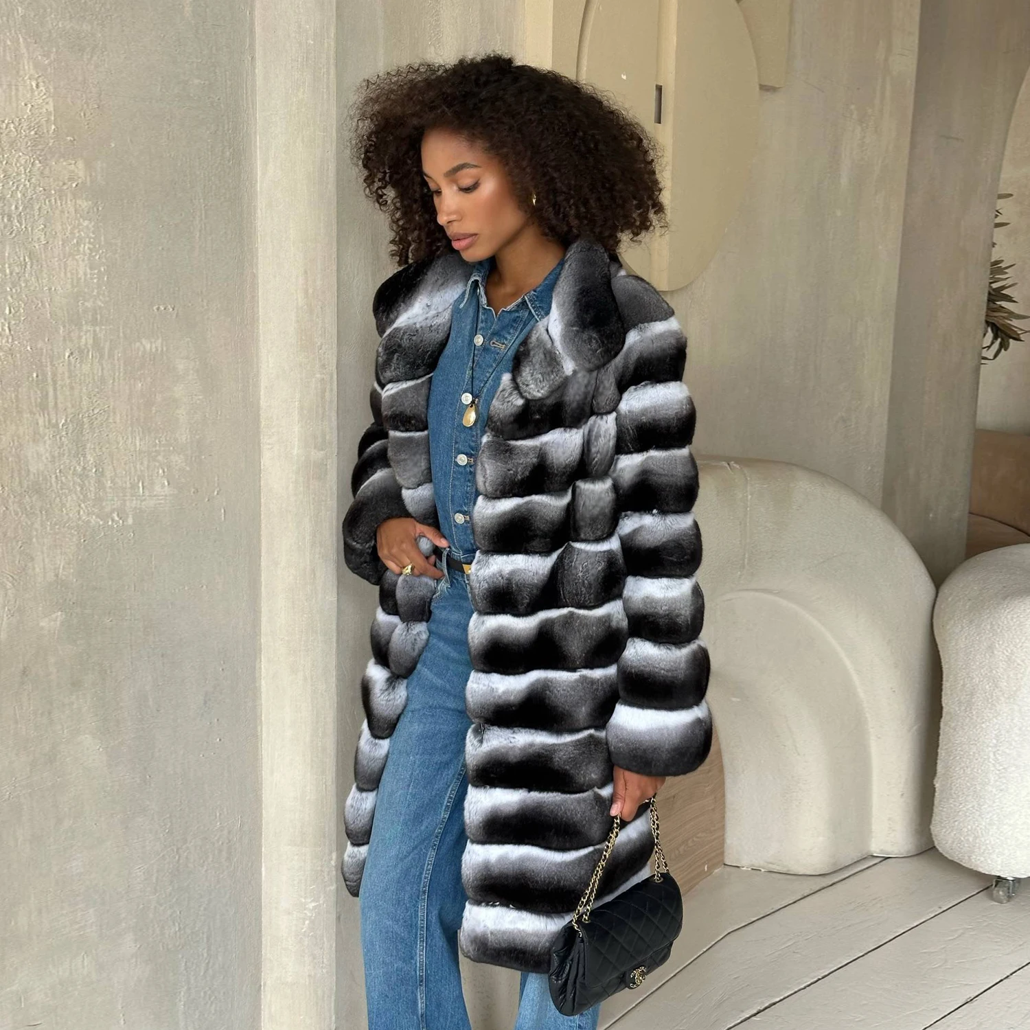 Winter New Real Rex Rabbit Fur Coat For Women Fashion Fur Overcoat Luxury Woman Genuine Rex Rabbit Fur Coats With Lapel Collar