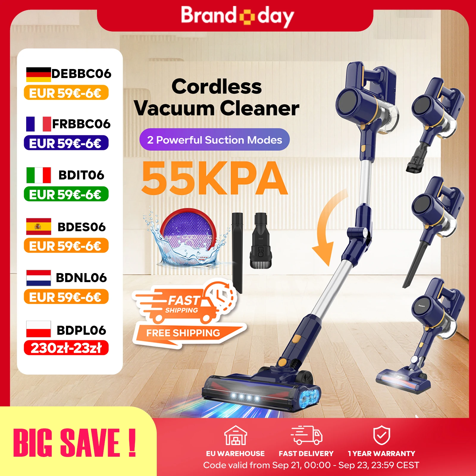 55KPa Aspirateur Balai sans Fil Puissant 40min Autonomie Tube Pliable 8*2200mAh LED Brosse V Nettoyage Tapis Sol Voiture