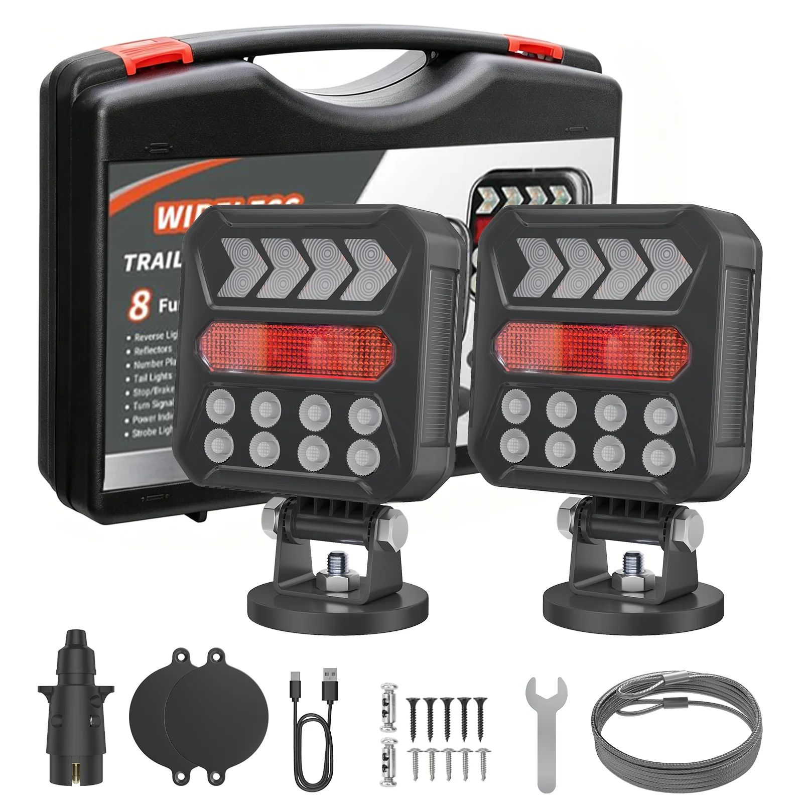 Feux de remorque LED magnétiques sans fil, kit de feux arrière de remorque rechargeables à l'énergie solaire, feux de remorquage réglables, étanches IP67 avec réflecteurs pour remorque, camion, bateau, camping-car, caravane, feux de signalisation de sécurité pour le remorquage