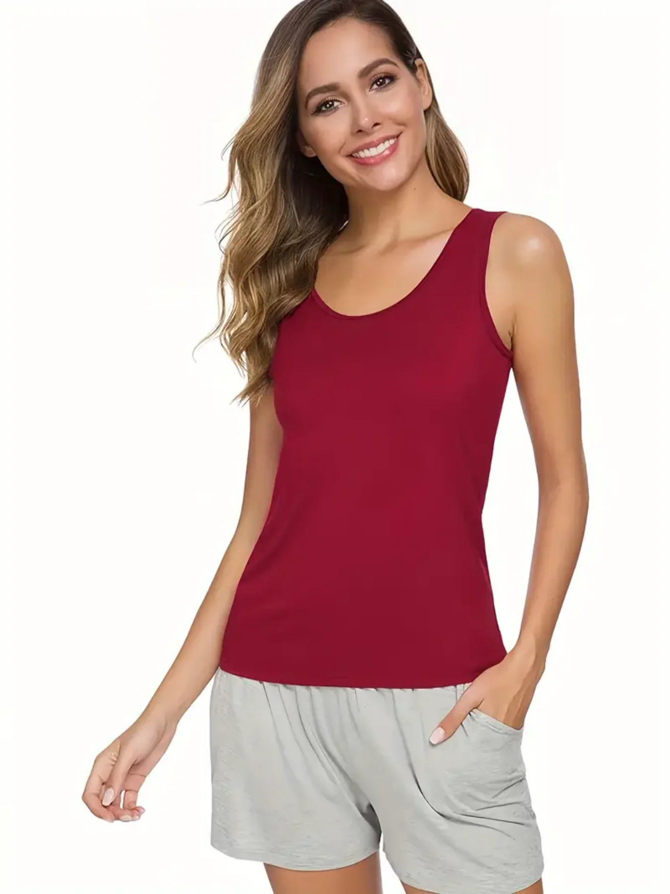 Solid color multifunctional vest, casual workout round neck sleeveless top, women\'s