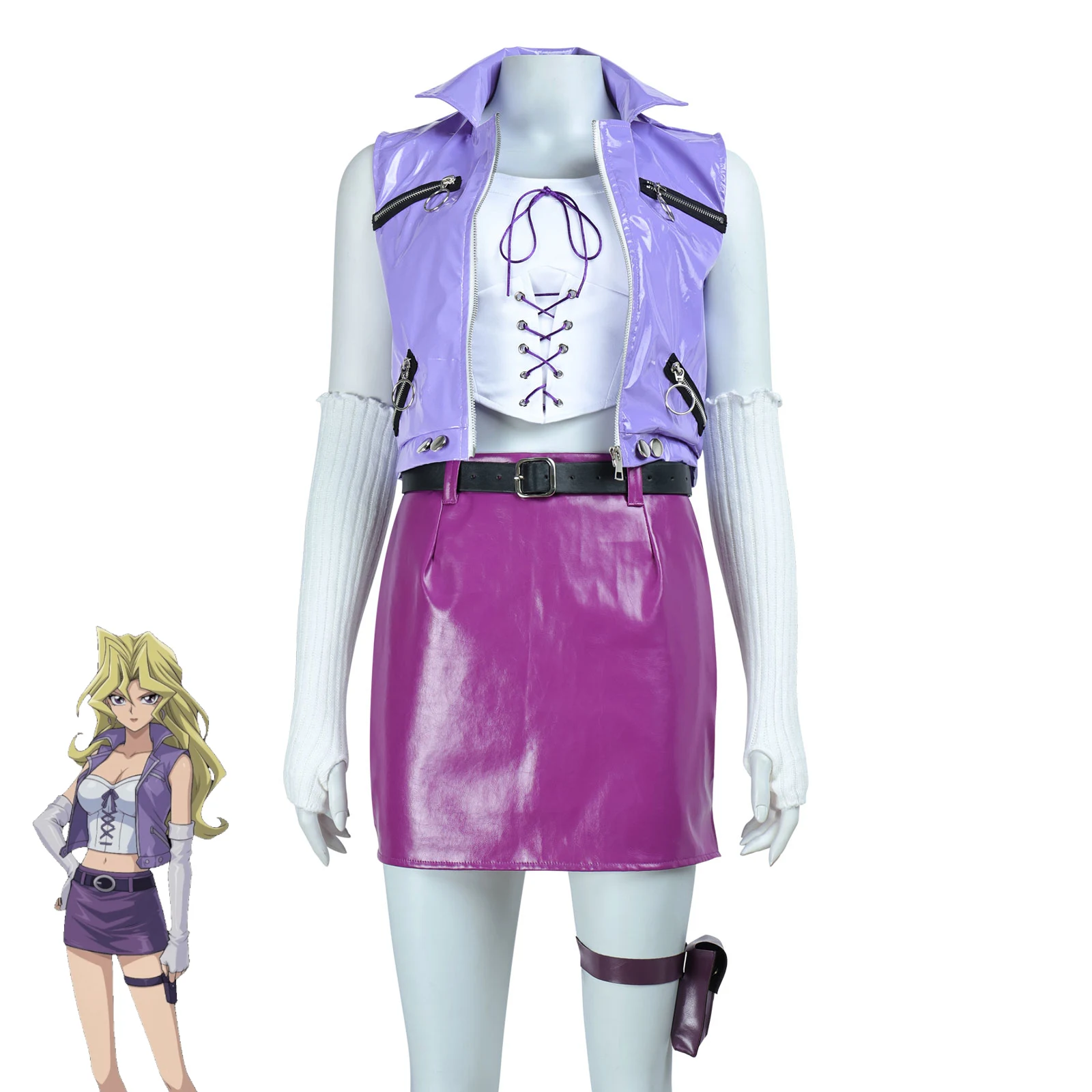 مجموعة أزياء يو جي أوه ماي لعيد الحب التنكرية، زي ماي كوجاكو بأكمام، سترة وتنورة من الجلد الصناعي الأرجواني