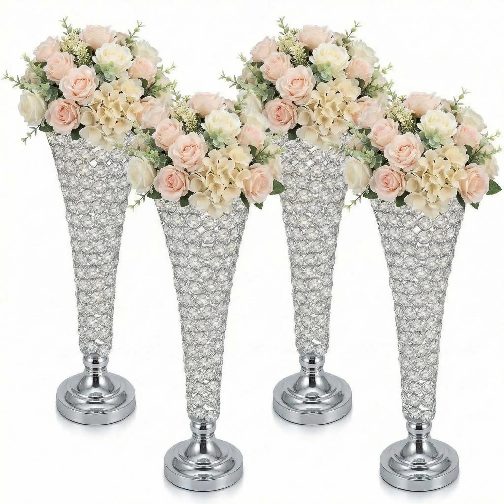 Ensemble de 4 décorations de table en cristal pour mariage, vases trompettes en métal doré de 50 cm de haut, supports élégants pour arrangements floraux, pour réceptions, banquets et événements.