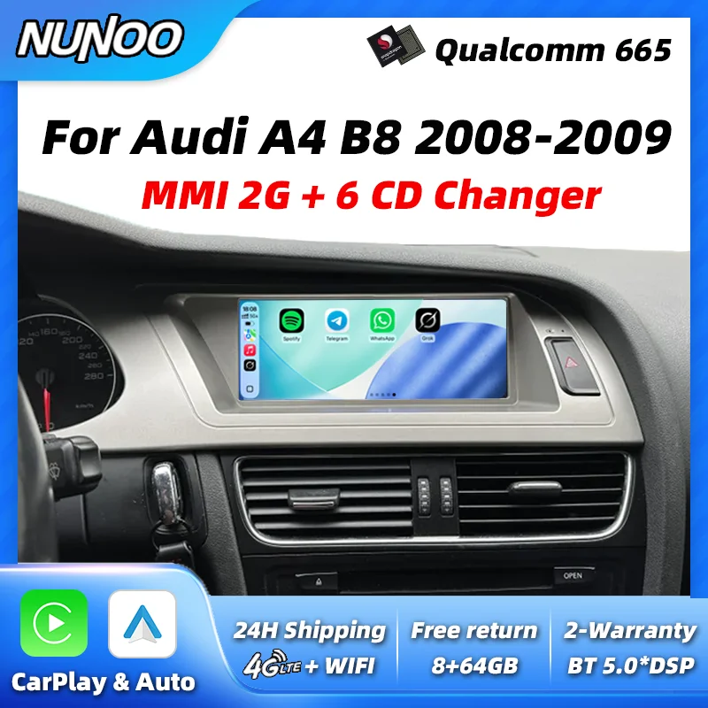 Android 14 Auto Wireless Carplay Touchscreen für Audi A4 B8 2008 2009 MMI 2G Autoradio Multimedia Stereo GPS-Navigationsdisplay