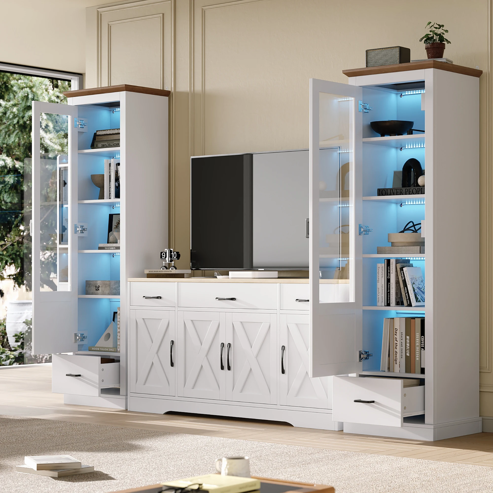 Vitrine LED moderne blanche mate 178 cm avec port USB, télécommande 16 couleurs, vitrine sur pied avec décor en bois, armoire haute en acrylique