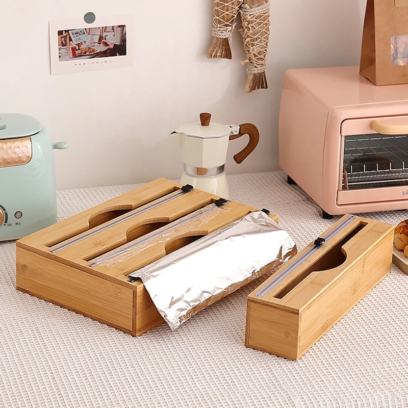 

Bamboo storage box Household fresh-keeping Tin foil paper drawer classification Cutter Cling Film Holder Kitchen Accessories