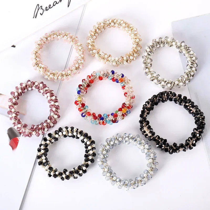 1pc kobiety kryształowe perły gumki do włosów ręcznie robione elastyczne zroszony kucyk posiadacze gumka do włosów akcesoria do włosów dla dziewczynki — zdjęcie 2