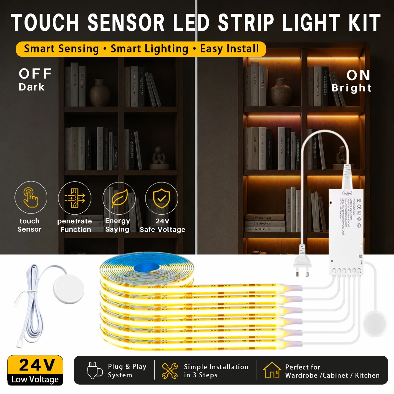

Dimmable Touch Sensor Under Cabinet Collection Display Bookcase Wardrobe Closet Lamp COB LED Strip Light Tape Penetrable Wood