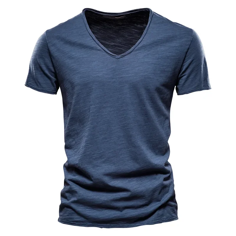 AIOPESON100% Katoen Mannen T-shirt V-hals Fashion Design Slim Fit Soild T-shirts Mannelijke Tops Tees Korte Mouw T-shirt O-hals Voor mannen - afbeelding 2
