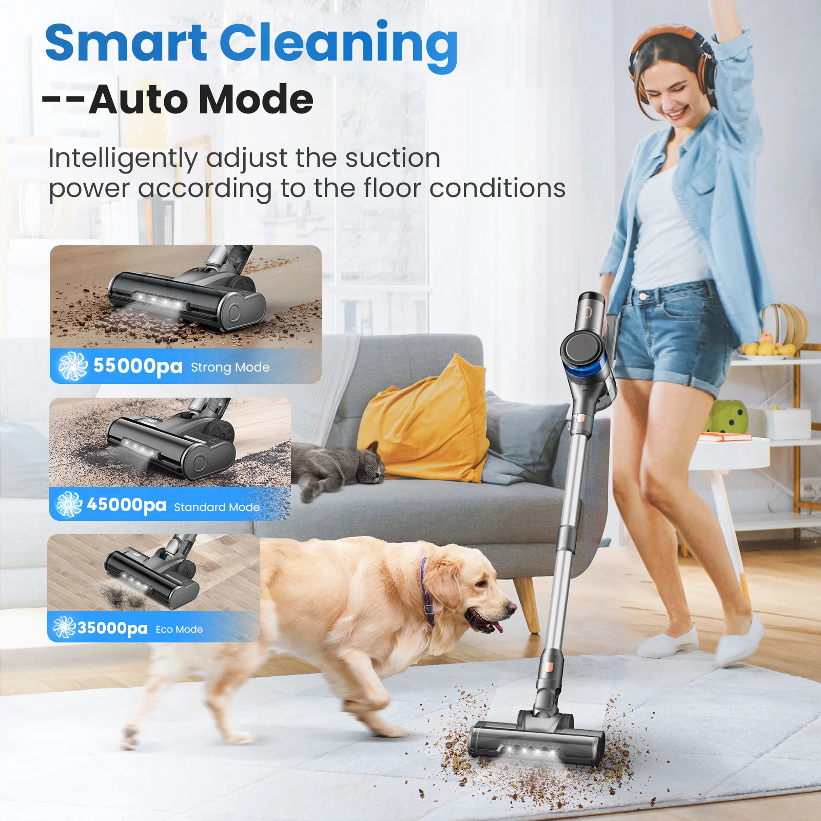 مكنسة كهربائية لاسلكية Inse S9X، 55 كيلو باسكال، 55 دقيقة، كوب غبار 1 لتر، بطارية عرض خفيفة، لشعر الحيوانات، السجاد