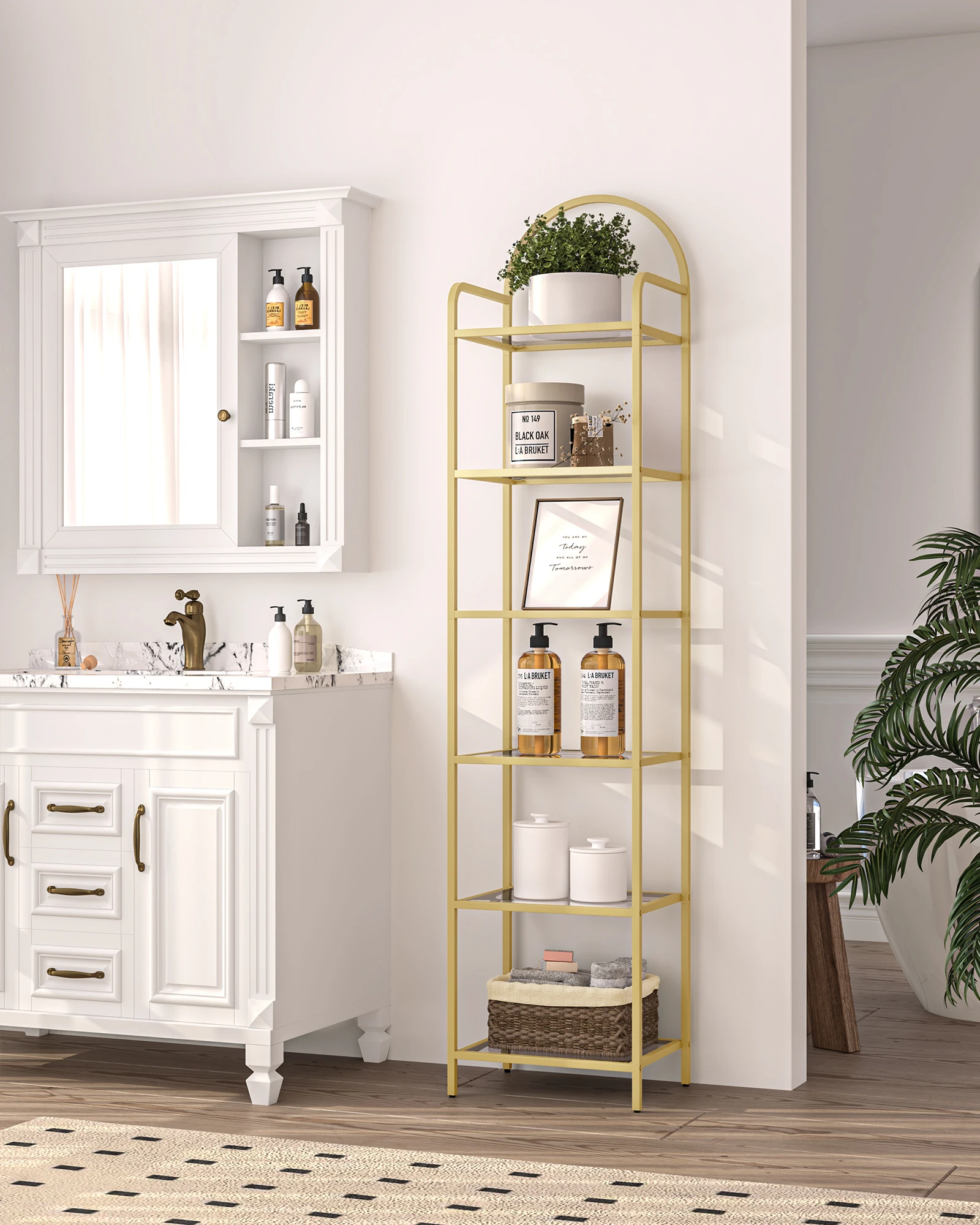 Regal, Bücherregal, gehärtetes Glas, schmales Regal für Schlafzimmer, Badezimmer, Zuhause, Büro, Stahlrahmen, 6 Regale, Gold