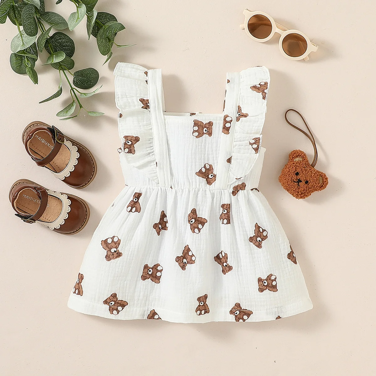 Baby Sleeveless Printing Bear Cute Summer Girl\'s vintage New Soft Cotton Dress Clothing