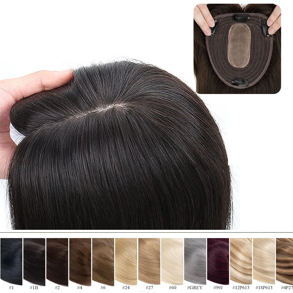 12x13CM Hair Toppers Real Human Hair Toppers For Women Natural Brown Middle Part With Bangs Hair Toppers Clip in Hairpiece