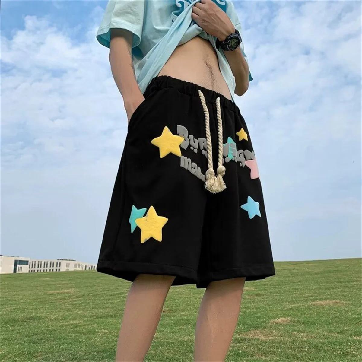 Men's Clothing Fashion Printed Knee Pants Youthful Vitality Letter Summer Loose Basic American Elastic Drawstring Casual Shorts